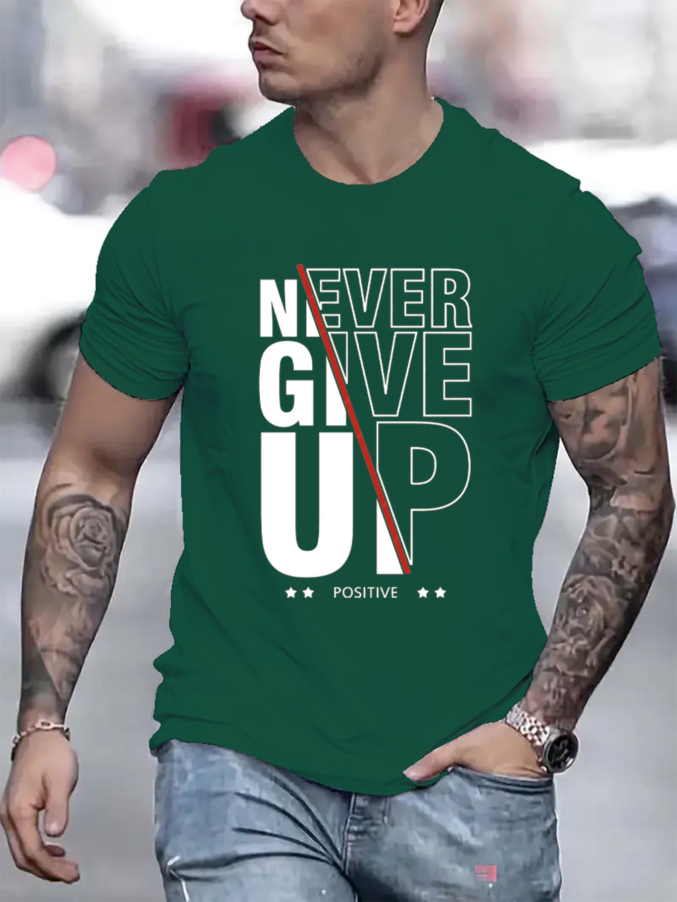 Comfy Casual Never Give Up Print Men's Short Sleeve T-Shirts - Elastic Crew Neck Tops For Outdoor Activities