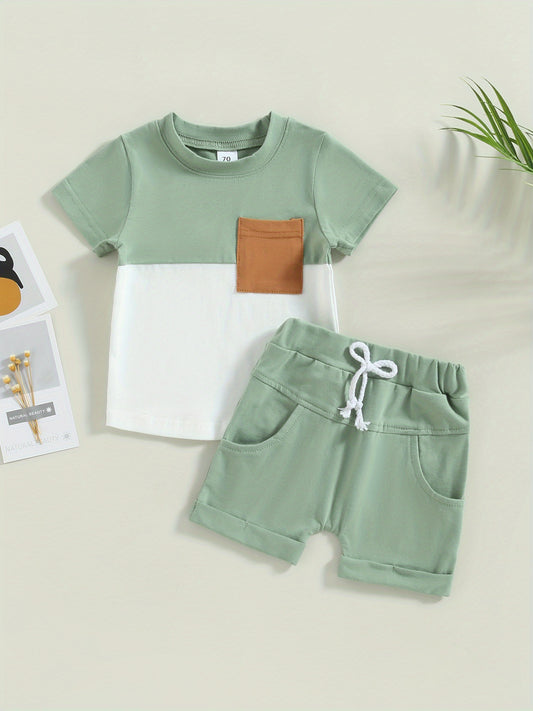 Toddler Boys Summer Outfit Sets Short Sleeve Contrast Color Tops + Solid Color Drawstring Shorts, for Outdoor