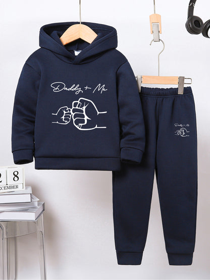 New Thick Daddy+Me Pattern Two-Piece Set for Boys, Long-Sleeved Hoodie and Trousers for Medium and Small Children, Autumn and Winter Children's Suit