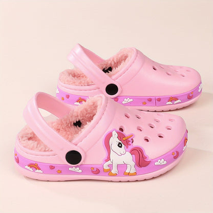 Casual Cute Cartoon Warm And Soft Clogs For Boys And Girls, Non Slip Fleece Lined Soft Bottom Slippers For Indoor Outdoor, Autumn And Winter