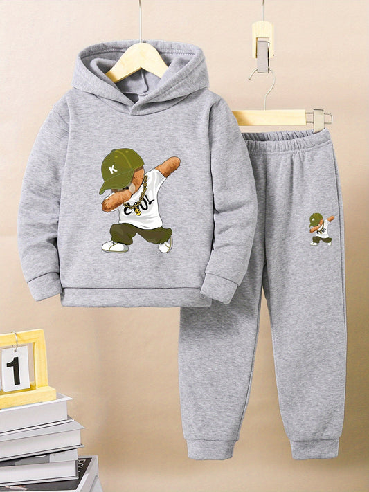 Cozy Bear-Themed Boys' Hoodie & Joggers Set - Thick, Warm Polyester Blend for Fall/Winter, Perfect for Outdoor