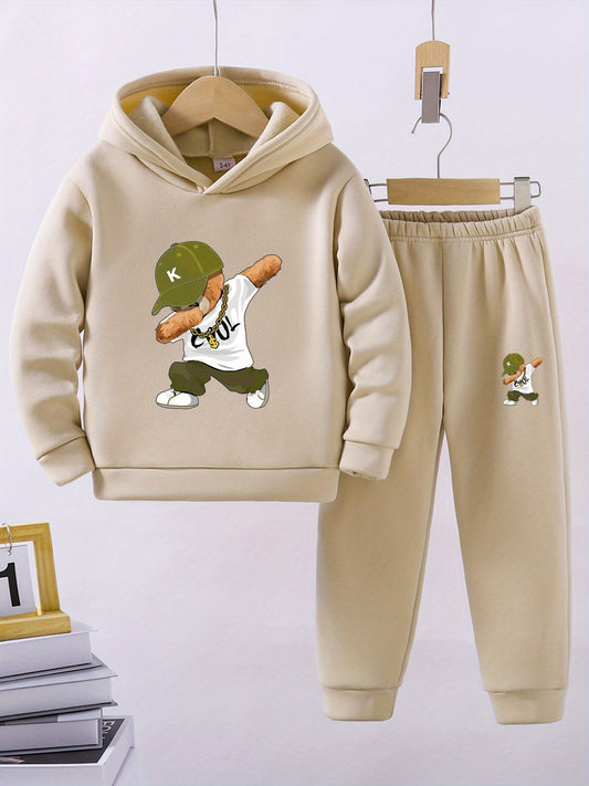 Cozy Bear-Themed Boys' Hoodie & Joggers Set - Thick, Warm Polyester Blend for Fall/Winter, Perfect for Outdoor