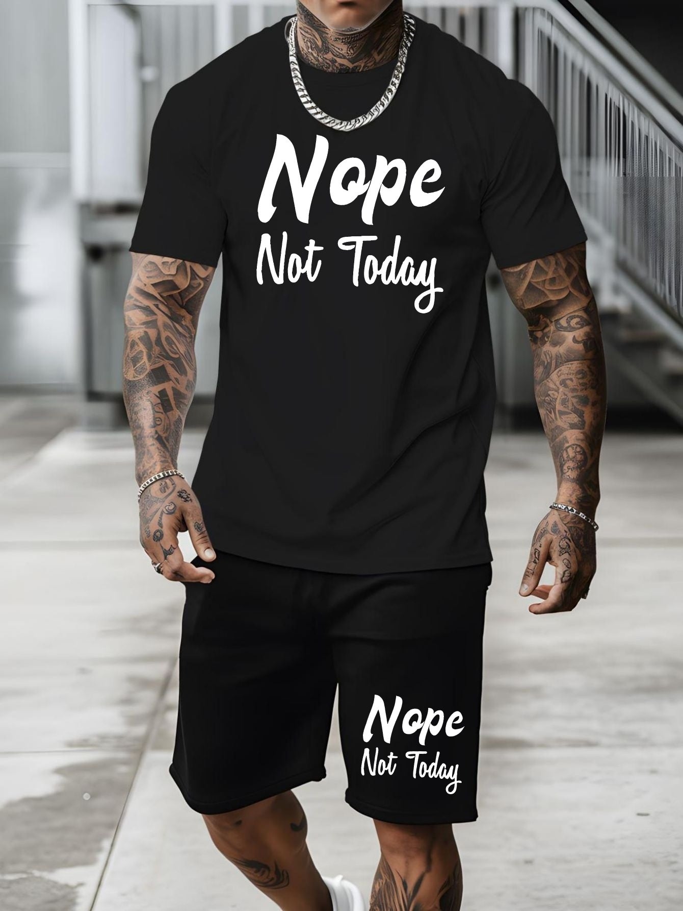 Nope Not Today, Men's 2-piece Casual Sports Suit, Short Sleeved T-shirt & Shorts Set, Breathable Versatile Stylish Suit, Spring Summer Fashion