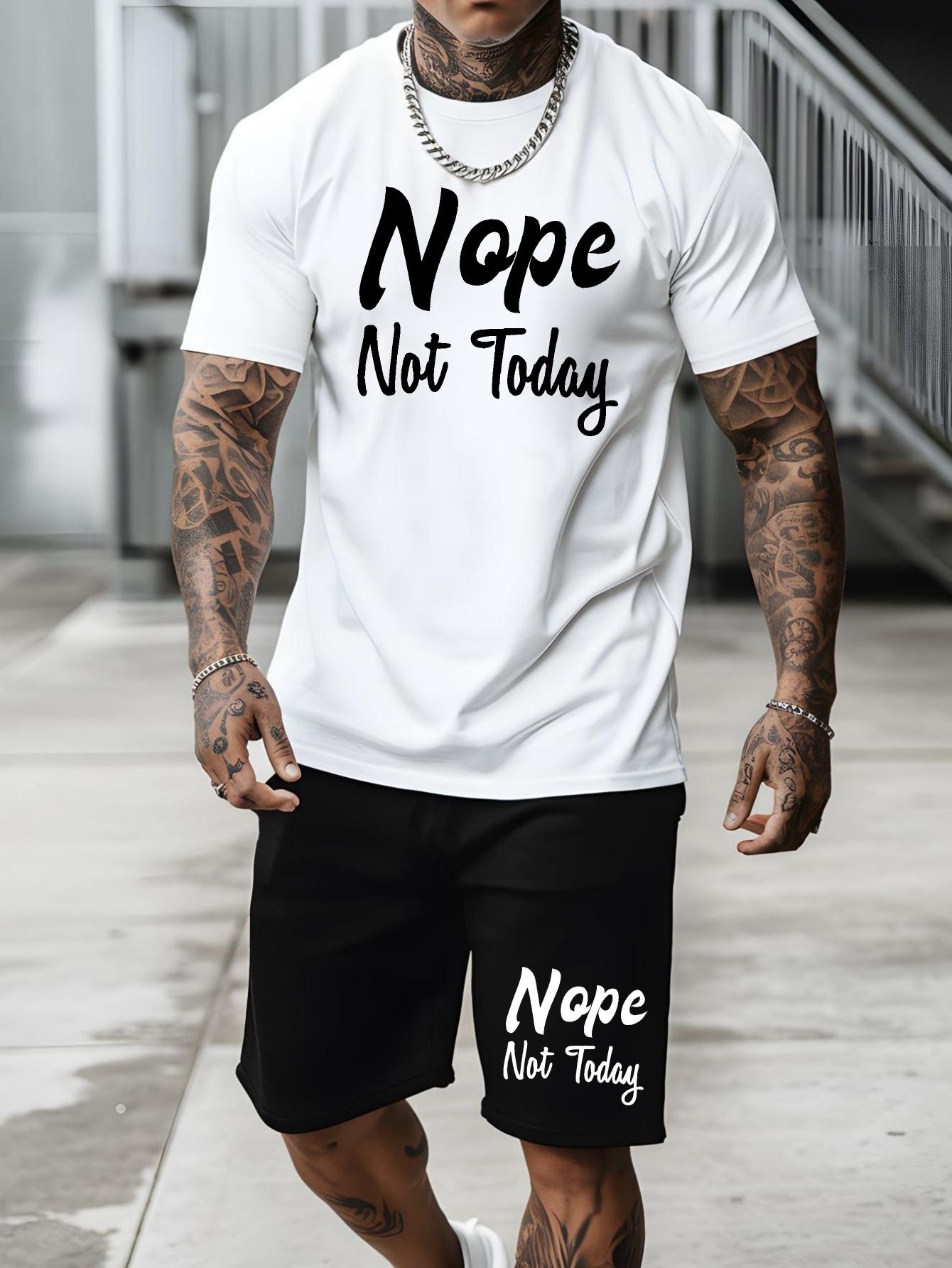 Nope Not Today, Men's 2-piece Casual Sports Suit, Short Sleeved T-shirt & Shorts Set, Breathable Versatile Stylish Suit, Spring Summer Fashion