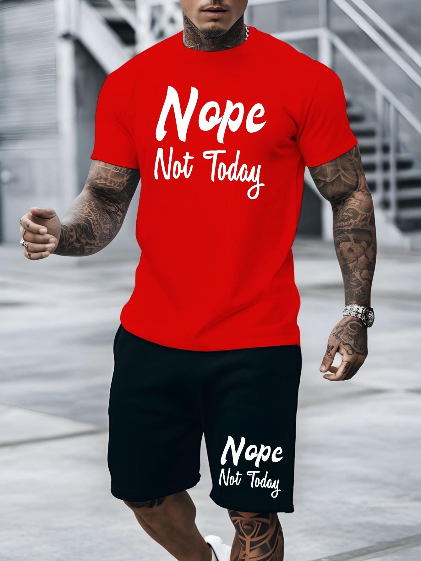 Nope Not Today, Men's 2-piece Casual Sports Suit, Short Sleeved T-shirt & Shorts Set, Breathable Versatile Stylish Suit, Spring Summer Fashion