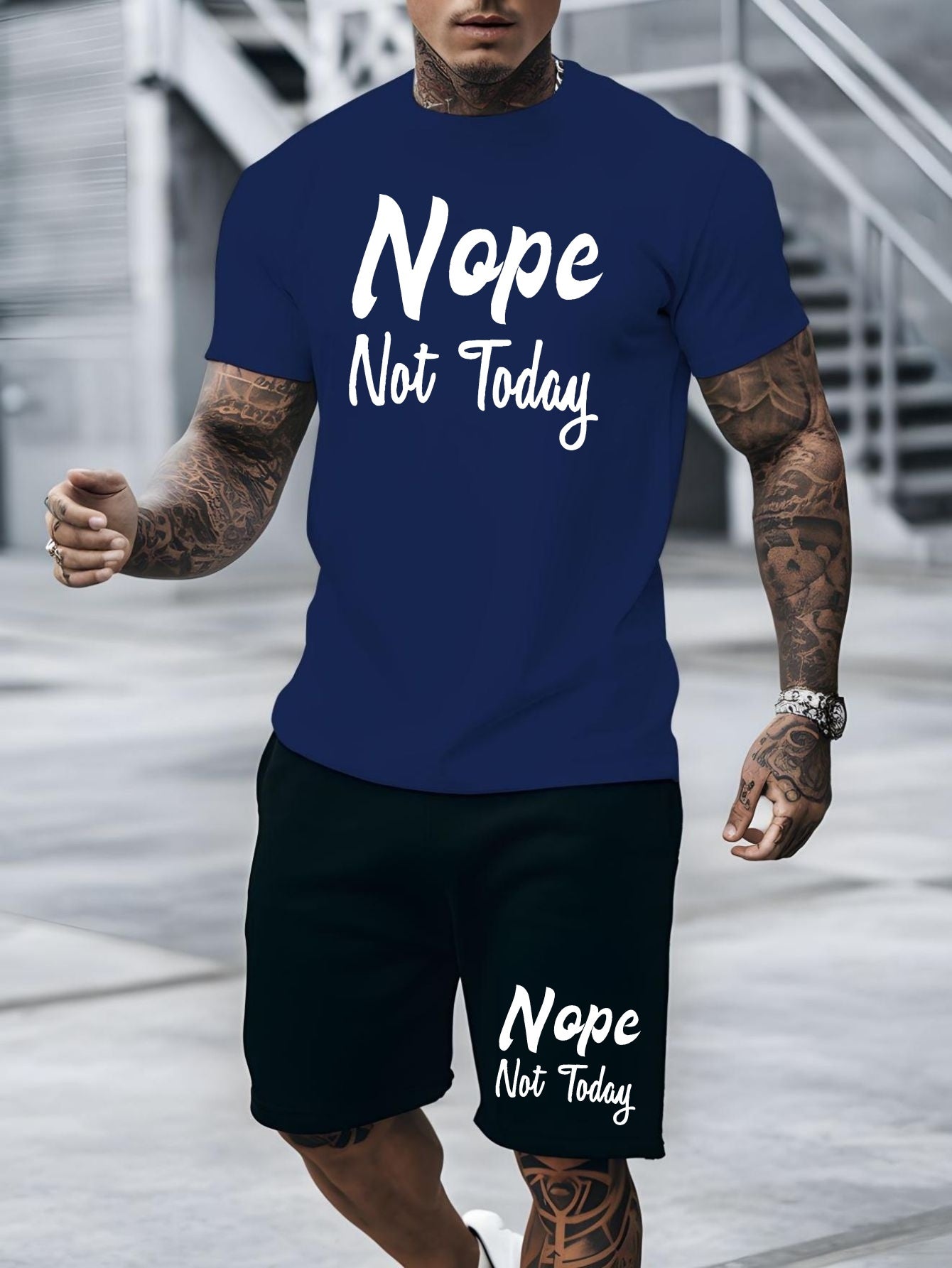 Nope Not Today, Men's 2-piece Casual Sports Suit, Short Sleeved T-shirt & Shorts Set, Breathable Versatile Stylish Suit, Spring Summer Fashion