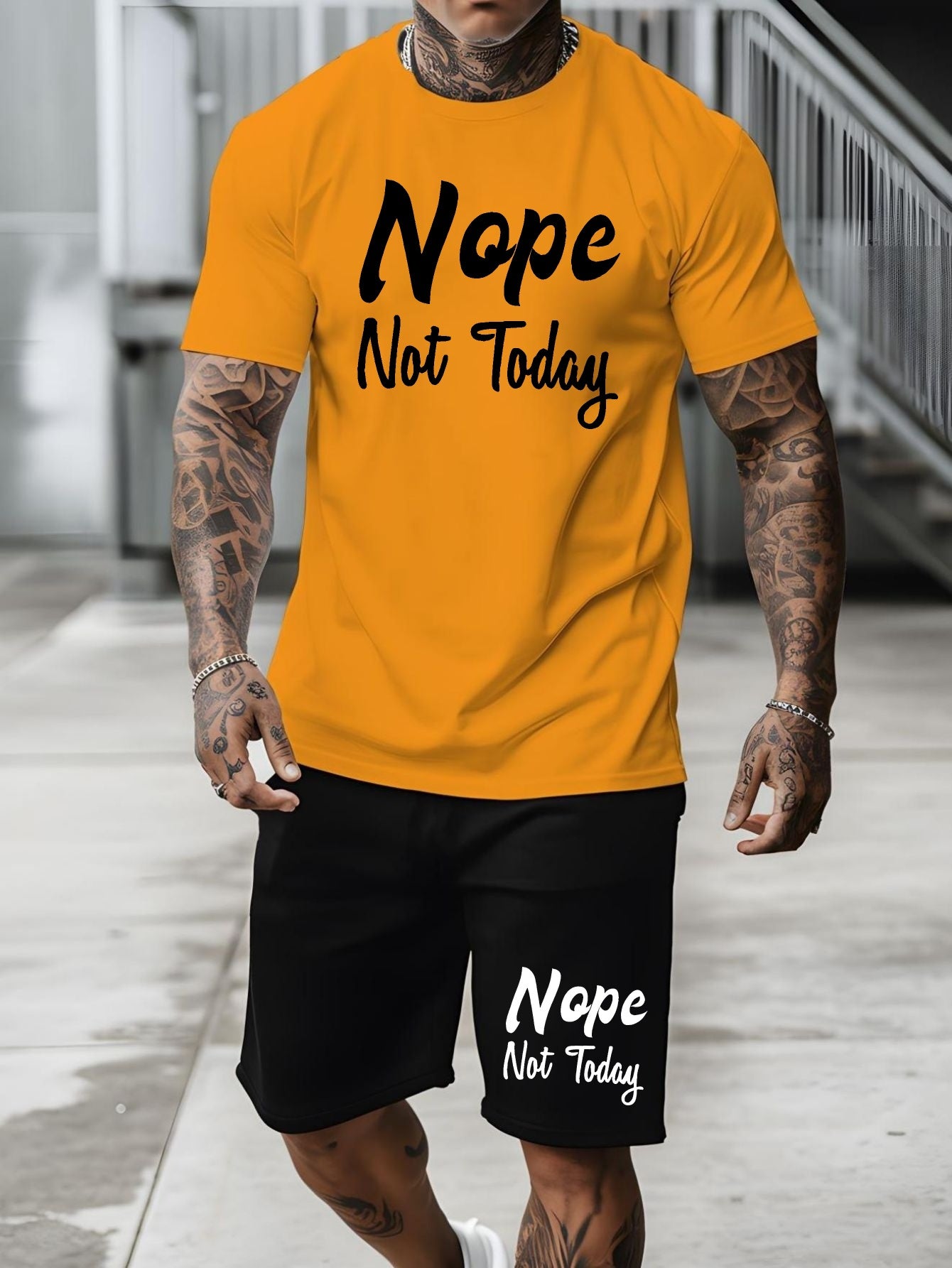 Nope Not Today, Men's 2-piece Casual Sports Suit, Short Sleeved T-shirt & Shorts Set, Breathable Versatile Stylish Suit, Spring Summer Fashion