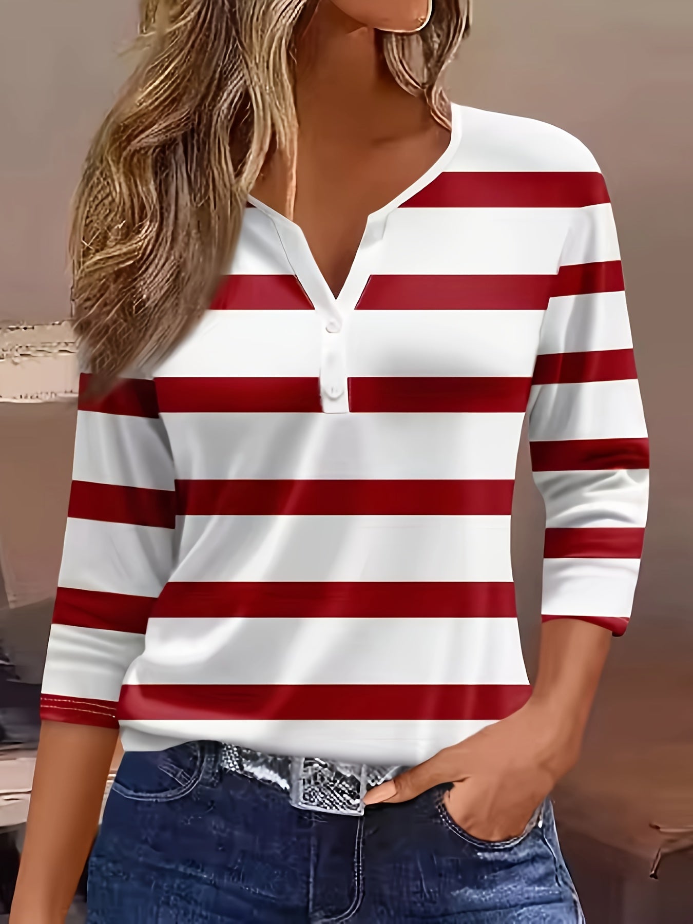 Women'S Casual V-Neck T-Shirt with All Over Striped Print, Three Quarter Sleeve, Knit Polyester Fabric, Regular Length - Spring/Summer/Fall Fashion Top