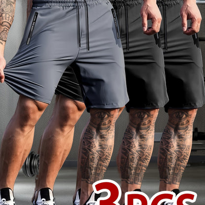 Set of 3 Breathable High-Elastic Drawstring Waist Shorts with Zipper Pockets for Men'S Casual Sports And Jogging.