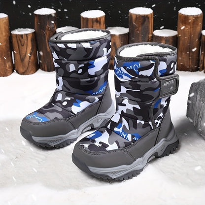 Youngsters' High-Top Winter Snow Boots - Warm Insulated TPR Sole & EVA Cushion, Camouflage Pattern (Blue/Black/Pink/Beige) | Unisex Youngsters & Youth Cold Weather Boots for Outdoor Activities