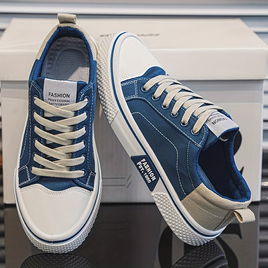 Men's Casual Canvas Sneakers - Breathable, Low-Top Lace-Up Shoes with Non-Slip PVC Sole, Fashionable Blue and White Design for Casual Attire