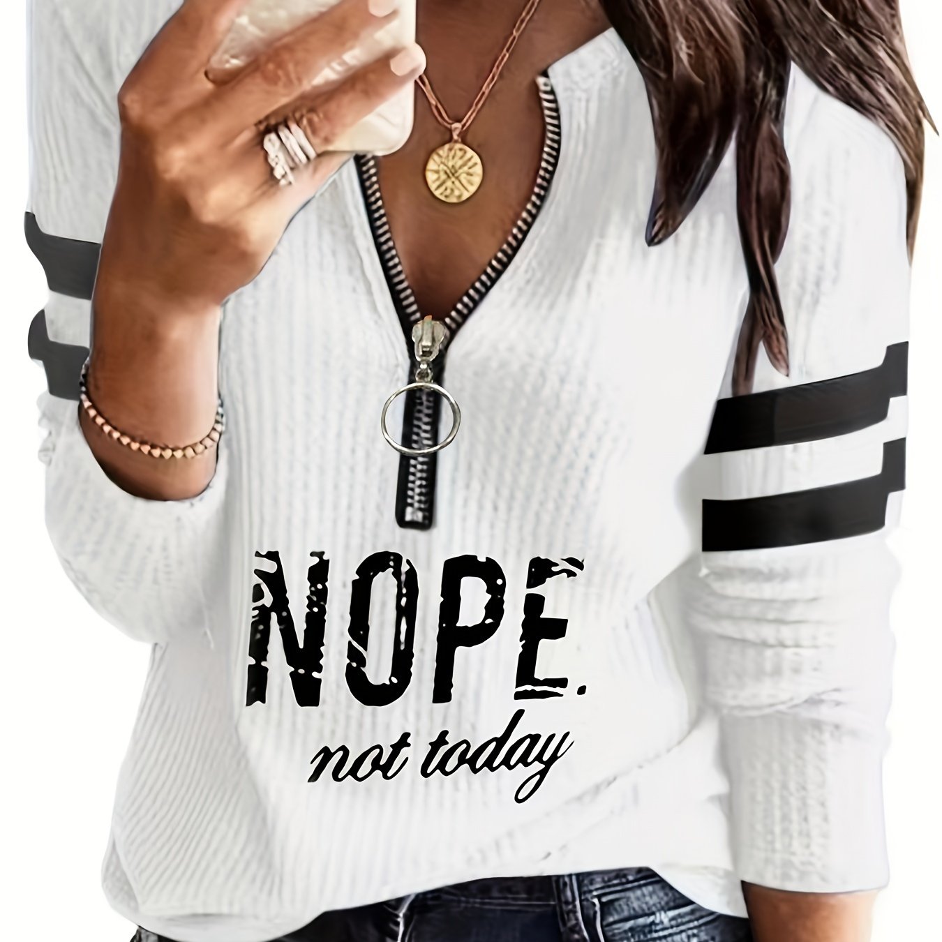 Women's "Nope Not Today" Stripe & Letter Print Zip-Up V-Neck T-Shirt - Casual Long Sleeve Top with Metal Detail, Machine Washable, Polyester Blend, Perfect for Spring & Fall