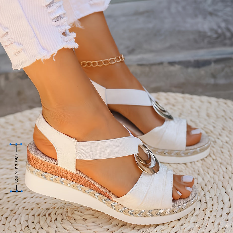 Summer New Solid Color Platform Mid Heel Sandals for Beach - Ladies' Open Toe - Fabric Upper, Synthetic Inner, PU Sole, Fabric Insole, Pull on Closure