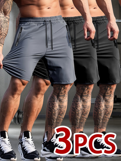 Set of 3 Breathable High-Elastic Drawstring Waist Shorts with Zipper Pockets for Men'S Casual Sports And Jogging.