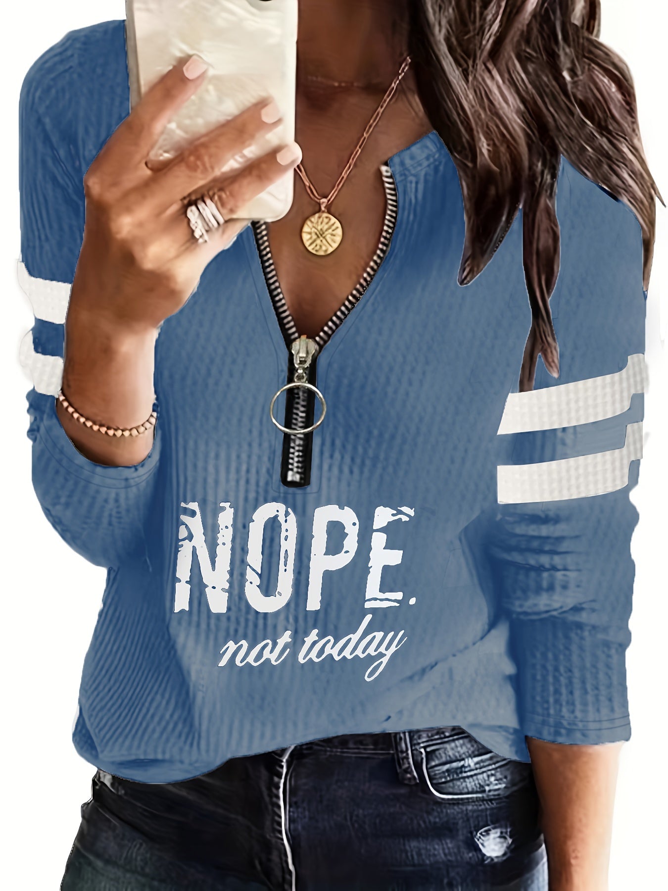 Women's "Nope Not Today" Stripe & Letter Print Zip-Up V-Neck T-Shirt - Casual Long Sleeve Top with Metal Detail, Machine Washable, Polyester Blend, Perfect for Spring & Fall