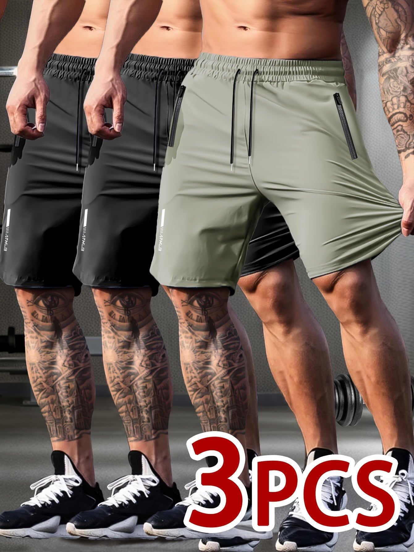 Set of 3 Breathable High-Elastic Drawstring Waist Shorts with Zipper Pockets for Men'S Casual Sports And Jogging.