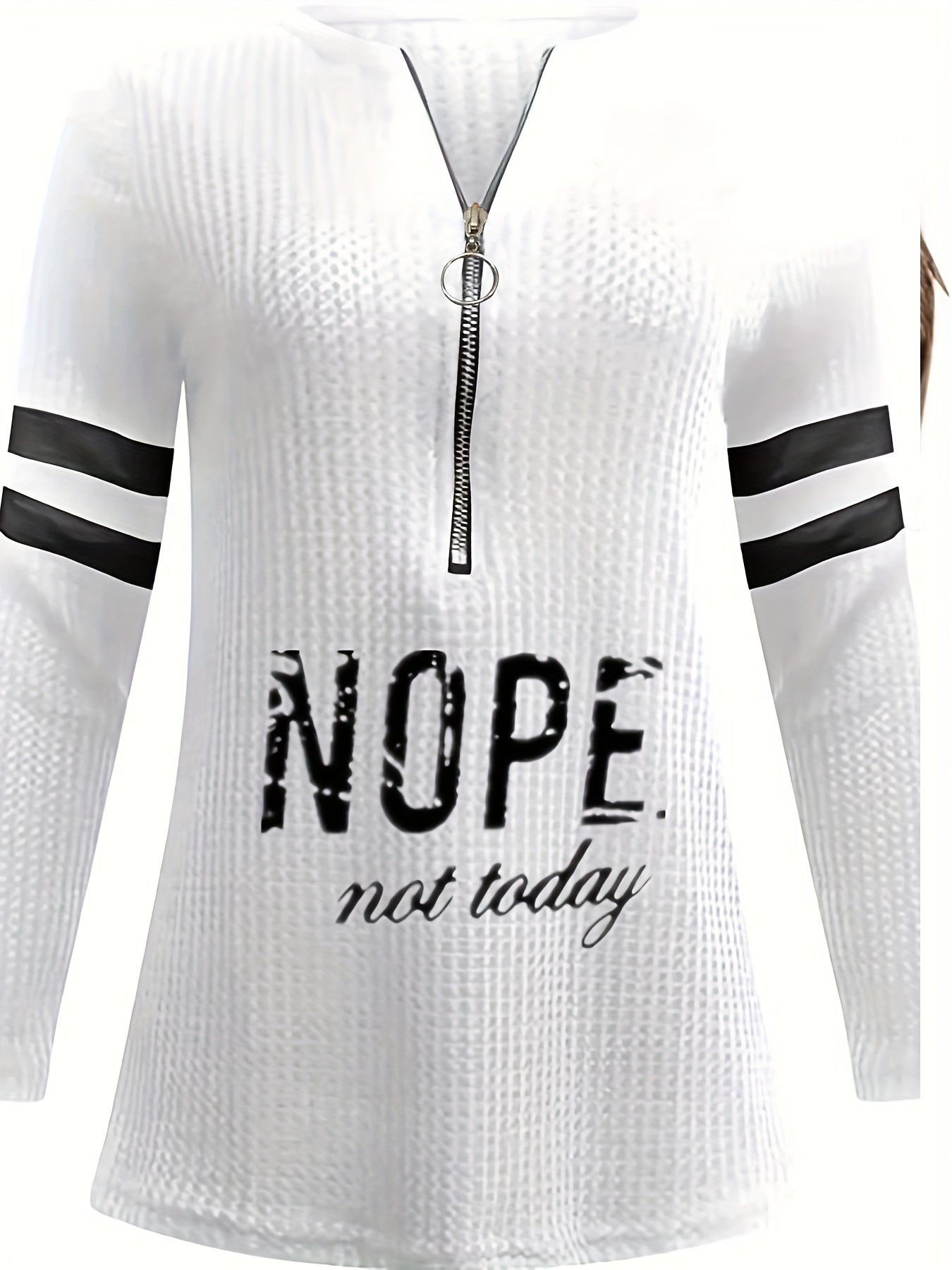 Women's "Nope Not Today" Stripe & Letter Print Zip-Up V-Neck T-Shirt - Casual Long Sleeve Top with Metal Detail, Machine Washable, Polyester Blend, Perfect for Spring & Fall