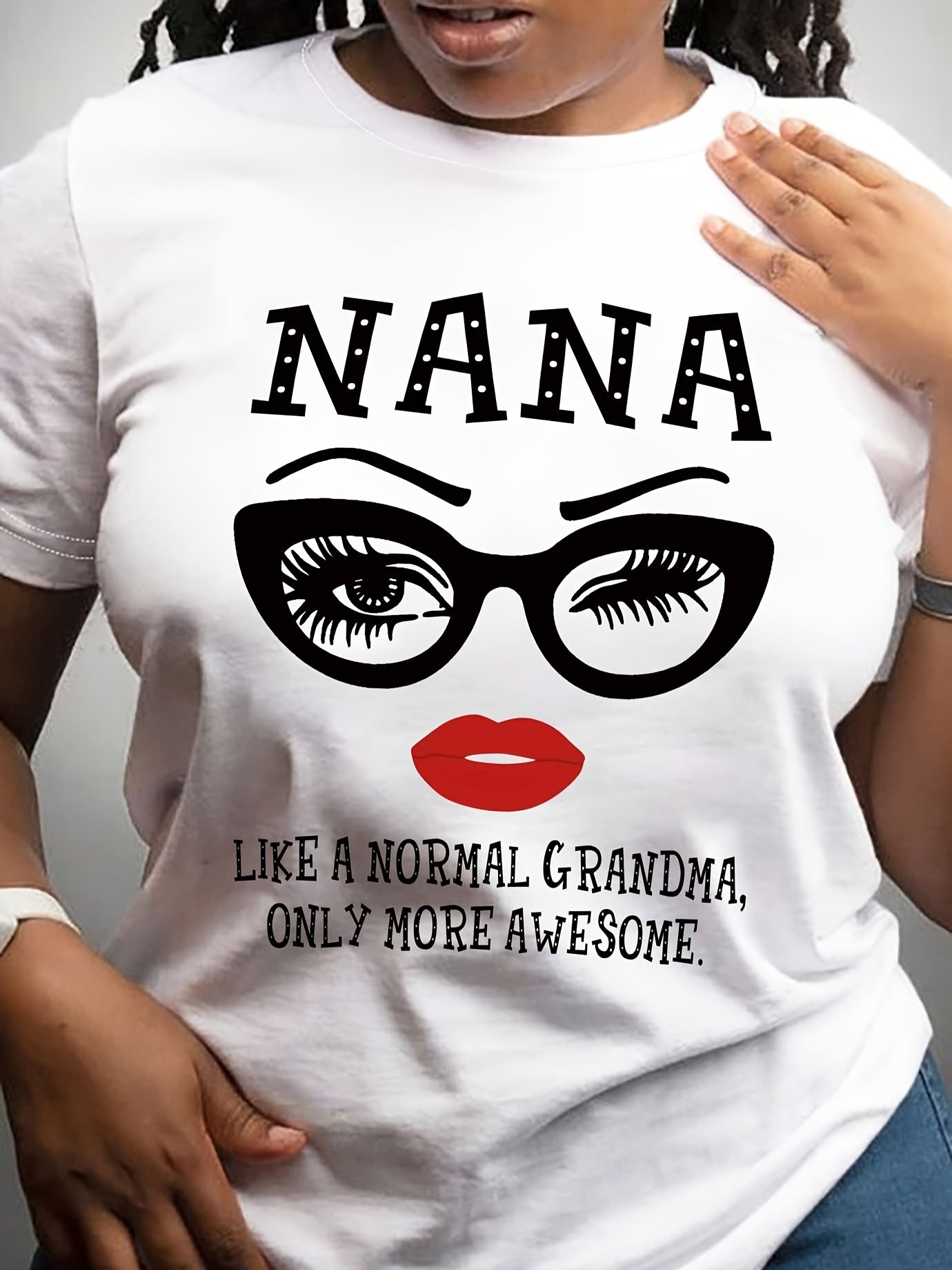 Women's "Nana" Cartoon Portrait Print T-Shirt - Casual Crew Neck, Short Sleeve, Polyester, Machine Washable - White with Black & Red Graphics