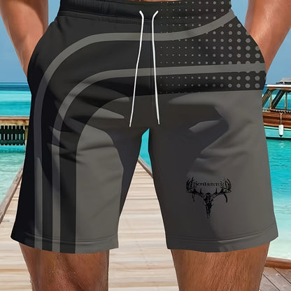 Men's Stylish Geometric Print Swim Trunks with Pockets, Breathable Drawstring Waist, Black & Gray Design, Perfect for Beach & Outdoor Activities