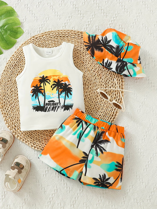 COVIVIKY Boys' 3pcs Tropical Beach Vacation Outfit - "Mommy's Little for Man" Palm Tree Print Tank Top, Colorful Shorts & Hat Set in Polyester, Elastic Waistband - Machine Washable for Summer Fun, Beach Accessories, Perfect f