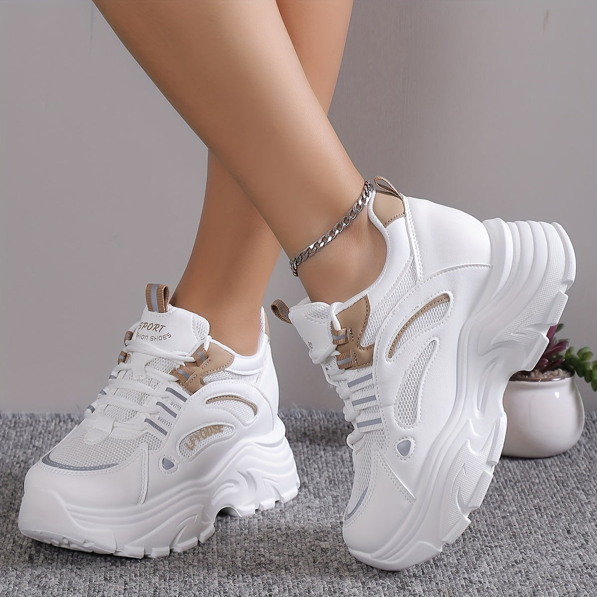 [Low-top Heightening Thick Sole Sneakers] Women's Solid Color Mesh Sneakers, Lace Up Low-top Round Toe Heightening Thick Sole Trainers, Versatile Comfy Shoes