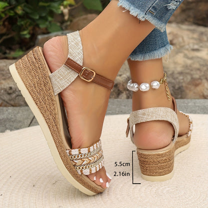 [Summer Rhinestone Wedge Sandals] Women's Casual Wedge Sandals - Open Toe, Ankle Strap, Summer Fashion with Rhinestone Accents, for Spring