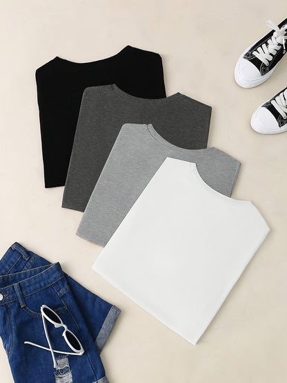 4pcs Spring & Summer Casual Crew Neck Short Sleeve Solid T-Shirt - Women's Clothing