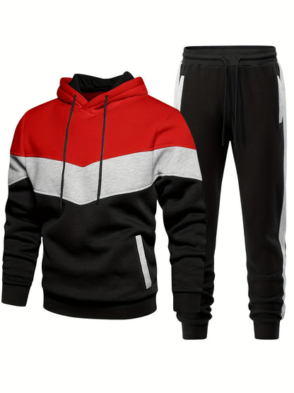 [2-piece Athletic Tracksuit Set] 2-piece Color Block Men's Athletic Tracksuit Set, Casual Long Sleeve Hoodie With Drawstring And Jogging Pants Set For Gym Workout Running