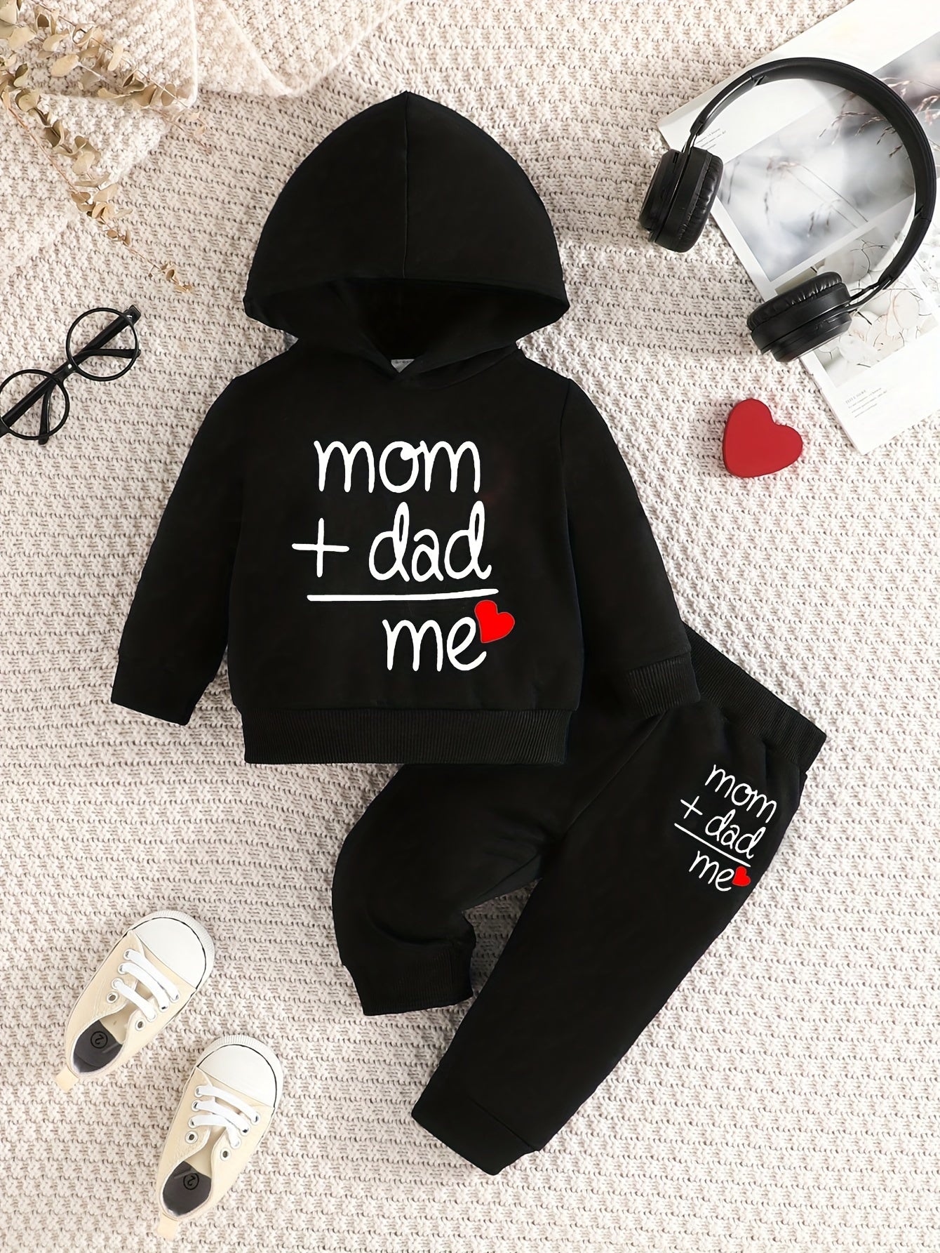 Two-piece Youngsters Boys Fashion Casual Spring and Autumn New Valentine's Day Father's Day Mother's Day Love Love Dad Mom Letter Pattern Long Sleeve Hoodie and Pants Combination Set, Perfect for Outdoor