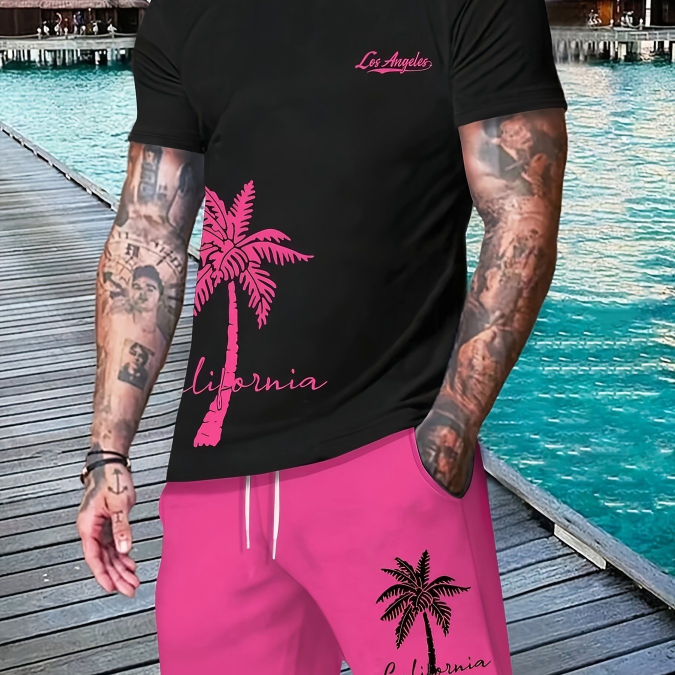 [Summer Fashion Tracksuit Set] Men's Summer Fashion Tracksuit Set - Casual Hawaiian Style T-Shirt & Sport Shorts, Breathable Polyester, Machine Washable