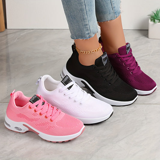 Lightweight Shock-Absorbing Air Cushion Sneakers - Women's Low-Top Breathable Fabric - Black, Burgundy, & Pink, All-Season, Lace-Up, Solid Color, MD Sole for Outdoor Sports & Daily Wear