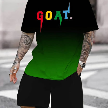 Men's Summer Sportswear Set - Breathable Polyester Gradient "GOAT" Print T-Shirt & Black Shorts, Casual 2pcs Jogging Tracksuit with Colorful Stripes, Workout Clothes