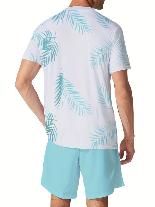 Men's Two-piece Clothing, Leaf Print T-shirt And Drawstring Solid Color Shorts, Fashionable Beach Wear, Fresh Sports Style Large Size Men's Suit