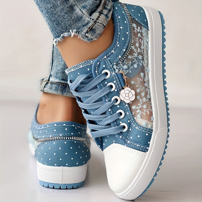 [Floral Mesh Sneakers] Light Blue Women's Floral Mesh Sneakers - Lace-Up Low Tops with Rhinestone Accents, Casual Shoes, Synthetic Cover Sole