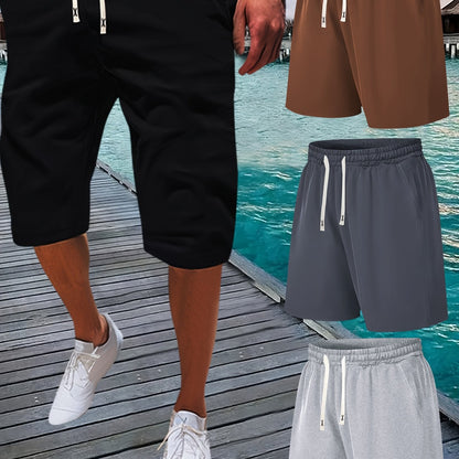 Summer Solid 4pcs Men's Drawstring Shorts - With Pockets For Outdoor Sports and Beach Holiday