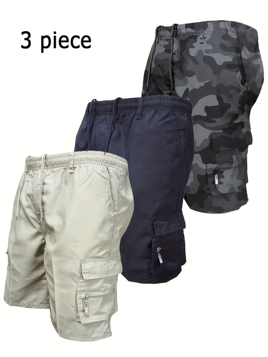 Men's Workwear Shorts 3pcs Set Camouflage Workwear Shorts Outdoor Tactical Shorts Summer Casual Sports Pants Loose Elastic Waist Work Hiking Sports Shorts 3pcs Set