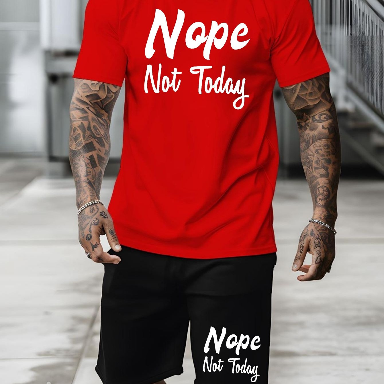 Nope Not Today, Men's 2-piece Casual Sports Suit, Short Sleeved T-shirt & Shorts Set, Breathable Versatile Stylish Suit, Spring Summer Fashion