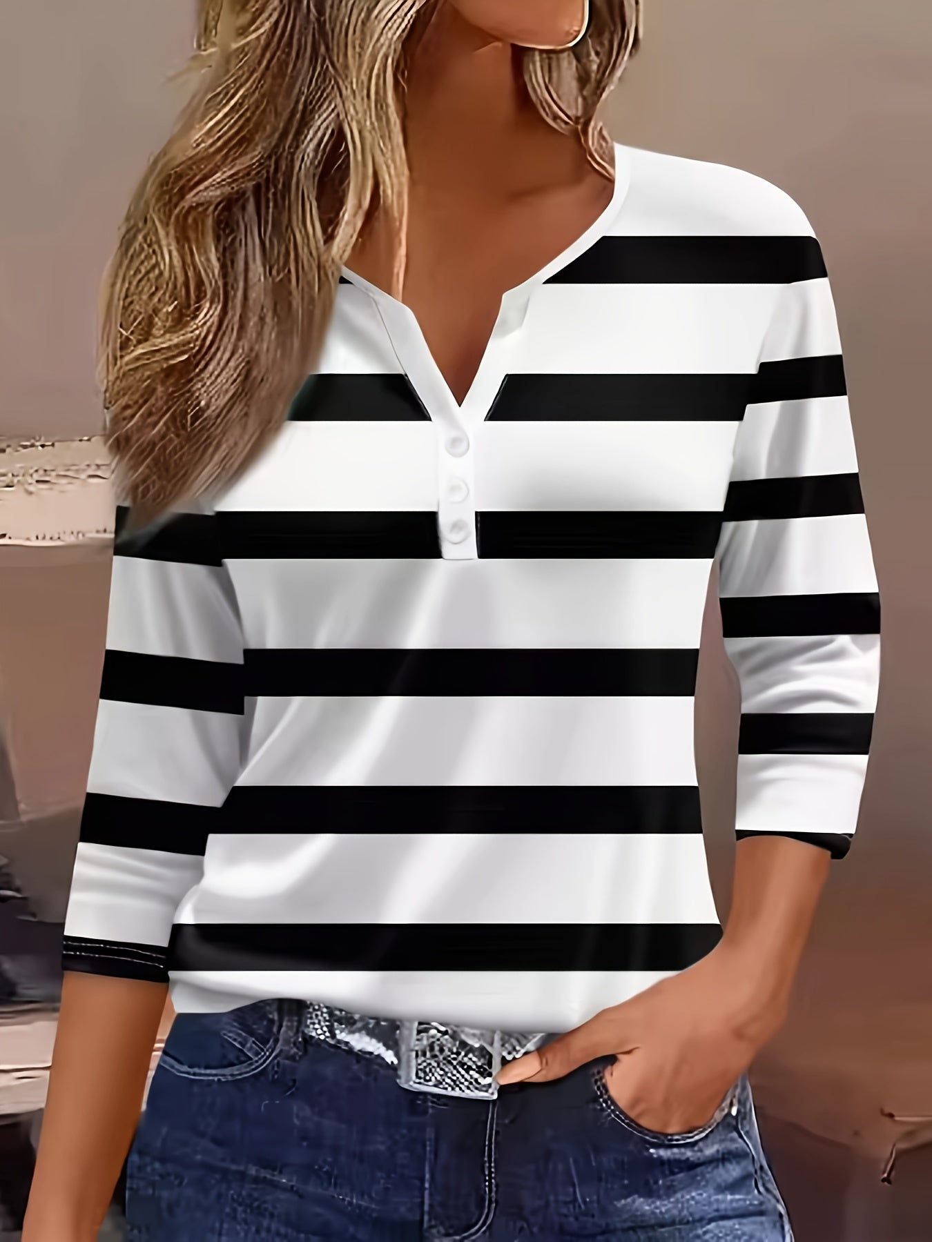 Women'S Casual V-Neck T-Shirt with All Over Striped Print, Three Quarter Sleeve, Knit Polyester Fabric, Regular Length - Spring/Summer/Fall Fashion Top