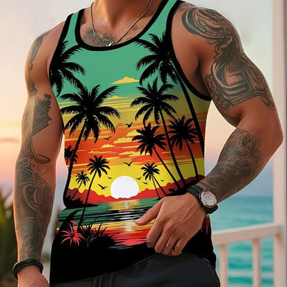 Men'S Stylish Beach Tank Top with Trendy Palm Tree Design. Premium Quality Digital Print.