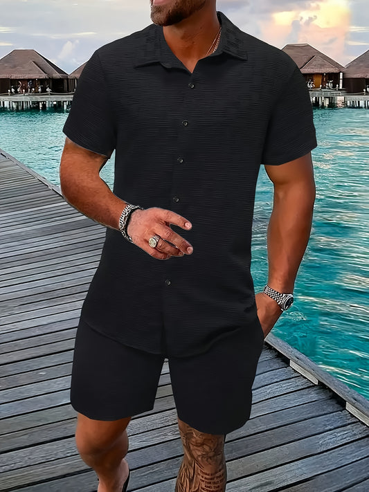 Men'S Summer Casual 2pcs Outfit Set - Polyester 100% Slim Fit Short Sleeve Button-Up Shirt with Lapel Collar & Matching Shorts, Regular Length, Woven Fabric, Slight Stretch, Solid Color - Outdoor Activity Wear