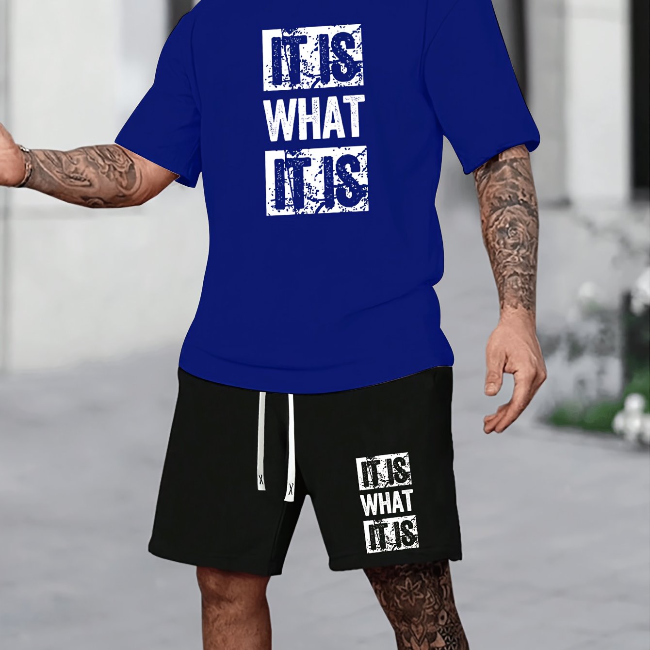 Summer Sportswear Set for Men - Vibrant Orange "IT IS WHAT IT IS" T-Shirt & Black Drawstring Shorts, Polyester Blend, Machine Washable