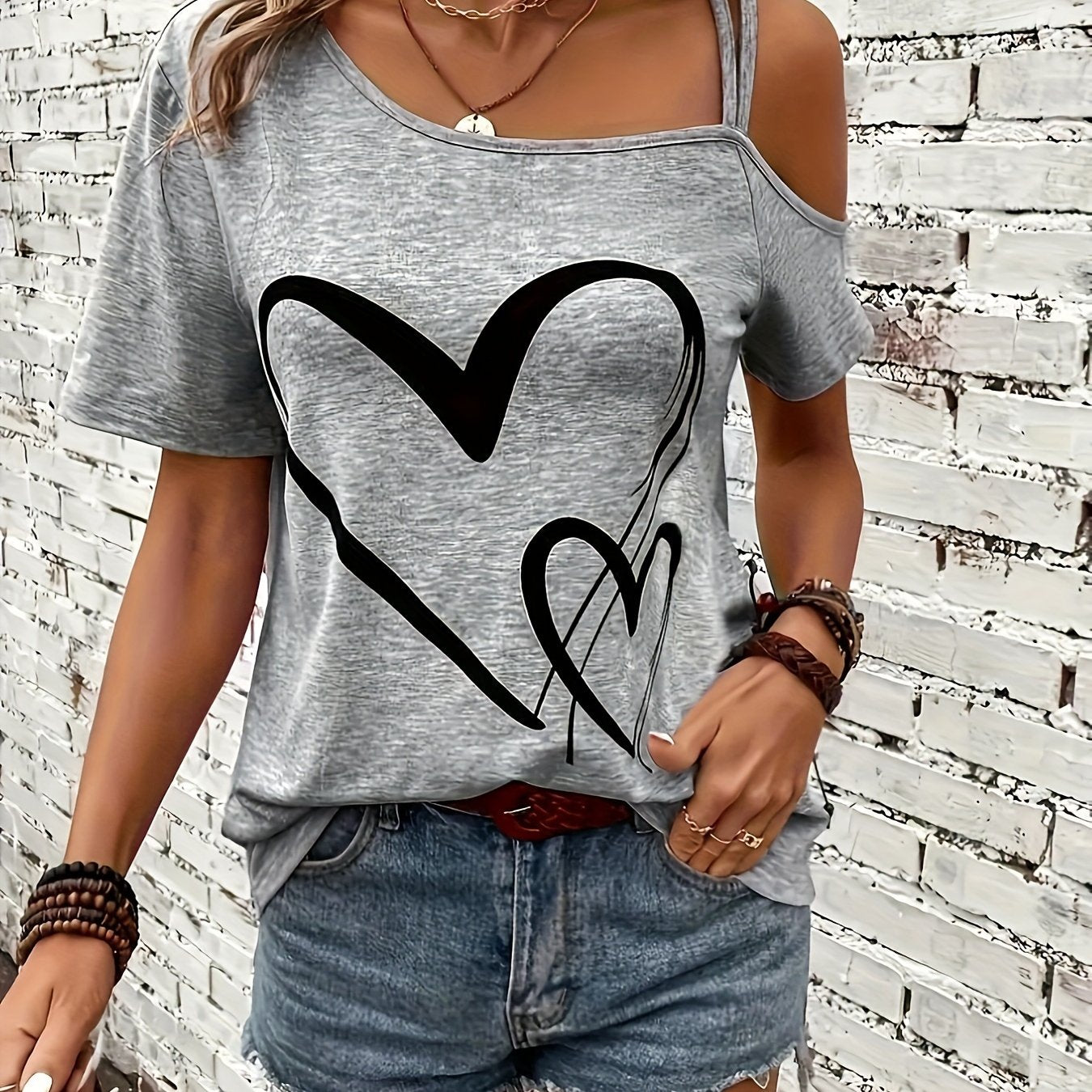 Casual Cold Shoulder Heart Print - Short Sleeve Backless Asymmetrical Top, Women's Clothing T-shirt