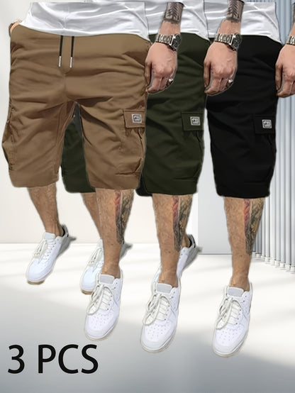 Summer 3-Pack Men's Casual Cargo Shorts - 100% Polyester, Solid Color, Regular Fit with Pockets - 390g/m² Non-Stretch Fabric, Loose Straight Leg Sports Trousers