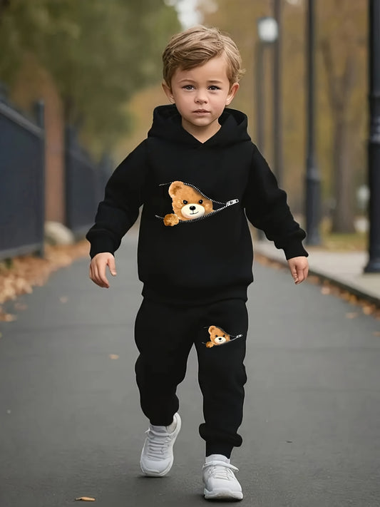 Cartoon Style Bear Graphic Print, Boy's Trendy Co Ord Set, Cozy Pullover Hoodies & Casual Versatile Cuffed Sweatpants, Ideal For Daily And Outdoor Wear, Autumn And Spring Outfit