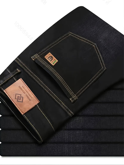 [Machine Washable] Men's Classic Straight-Leg Jeans - Polyester Blend, Machine Washable - Black with Stitching Details for Business Casual