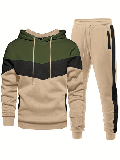 [2-piece Athletic Tracksuit Set] 2-piece Color Block Men's Athletic Tracksuit Set, Casual Long Sleeve Hoodie With Drawstring And Jogging Pants Set For Gym Workout Running