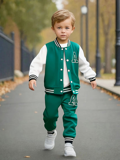 Boys' 2pcs Fall/Winter Casual Polyester Knit Baseball Suit with Long Sleeve Crew Neck Jacket and Matching Pants, Alphabet Print, Regular Fit - Button Detail, for Outdoor