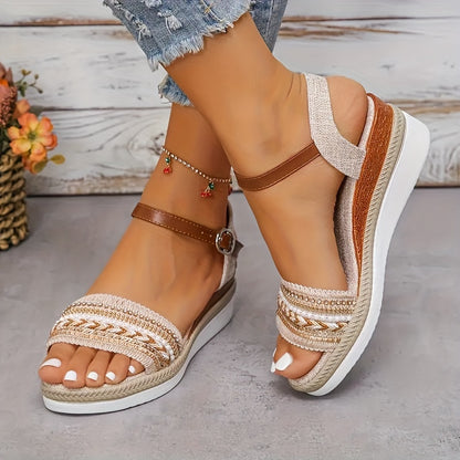 [Stylish Ankle Buckle Sandals] Women's Stylish Sandals, Ankle Buckle Strap Platform Walking Shoes, Comfort Wedge Vacation Shoes