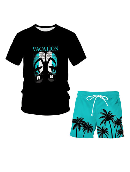 [Vacation-Themed Graphic Tee & Shorts] Plus Size 3D Digital Print Vacation-Themed Graphic Tee & Shorts Set - Breathable Polyester Blend, Casual/Sporty, Machine Washable, with Pockets & Drawstrings