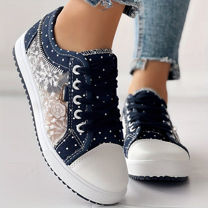 [Floral Mesh Sneakers] Light Blue Women's Floral Mesh Sneakers - Lace-Up Low Tops with Rhinestone Accents, Casual Shoes, Synthetic Cover Sole